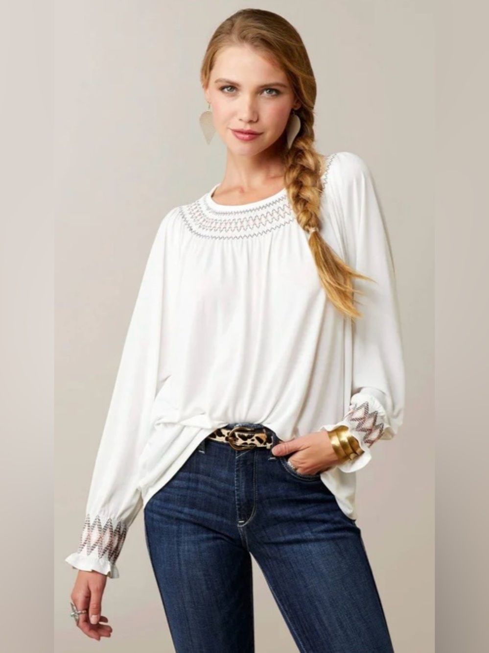 Ariat Prairie Tunic White Embroidered Peasant Top